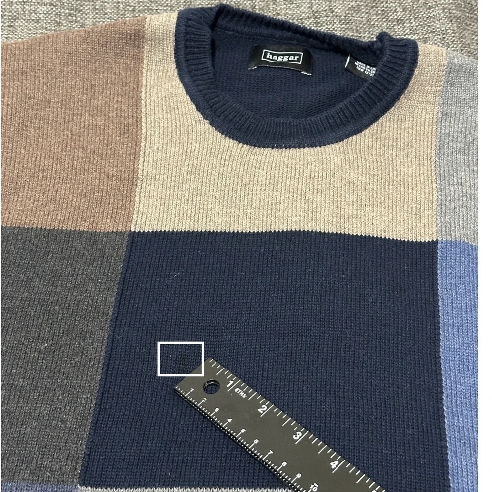 Haggar Mens Large Sweater Navy Blue Colorblock Patchwork Cotton Crew Neck